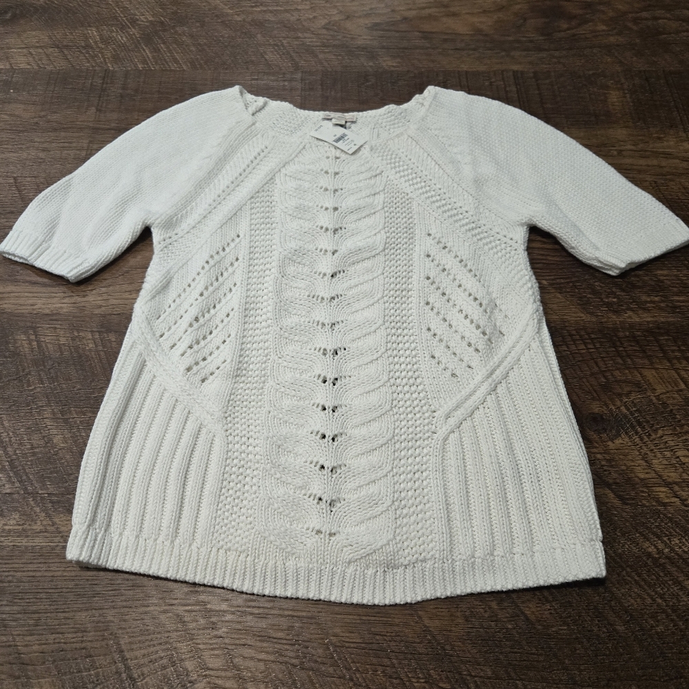 Gap Cable Knit Sweater Crochet White Elbow Sleeve Crew Neck Preppy Office XS New